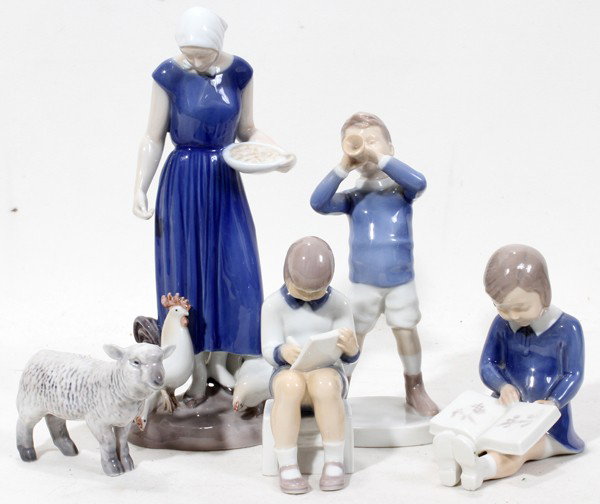 B&G COPENHAGEN FIGURINE COLLECTION, 5 PIECES: B&G COPENHAGEN FIGURINE COLLECTION, FIVE PIECES:Collection includes Boy with Horn 1792, Sheep 2171, Girl Reading A Book 2247, Girl Writing 2184 and Woman with Chickens 2220.