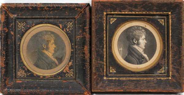 ANTIQUE PRINTS. OF MEN IN LEATHER FRAMES: ANTIQUE PRINTS. PORTRAITS OF MEN IN LEATHER FRAMES, TWO 5" X 5":