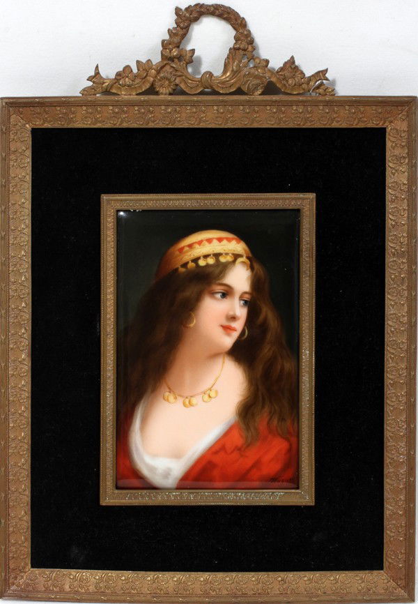 KPM PRCELAIN PLAQUE HAND PAINTED BY WAGNER,: KPM PRCELAIN PLAQUE HAND PAINTED BY WAGNER, 5 7/8" X 4", 'PORTRAIT OF A BEAUTY':Signed "Wagner" lower right; incised KPM scepter mark; bronze frame with garland and ribbon crest; 19th c.; label on ver