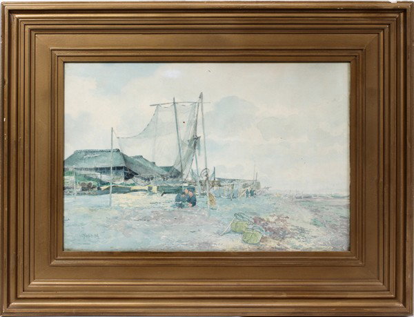 HIROSHI YOSHIDA, WATERCOLOR, 13" X 19",: HIROSHI YOSHIDA, [1876 - 50], WATERCOLOR, 13" X 19", FISHERMEN DRYING NETS:Signed lower left. Original frame. Japanese painter and woodblock print maker. He is regarded as one of the greatest. From th
