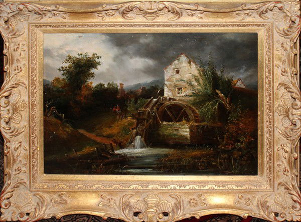 BRITISH SCHOOL OIL ON CANVAS, 18TH/19TH C,: BRITISH SCHOOL OIL ON CANVAS, 18TH/19TH CENTURY, 18" X 24". 'THE MILL':Not visibly signed. Depicts figures near fence, mill in foreground. Carved gilt wood frame.