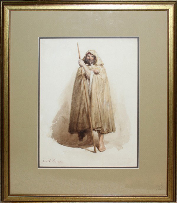 EDWIN LORD WEEKS WATERCOLOR, 13" X 9",: EDWIN LORD WEEKS (AMERICAN 1849-1903), WATERCOLOR, 13" X 9", MAN STANDING HOLDING STAFF AND CLOAK:Signed lower left. 13" X 9 1/2"