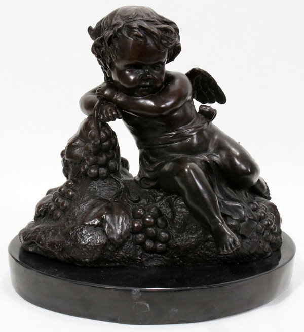 AFTER MCMULLEN, BRONZE SCULPTURE, #25, 17" H. X: AFTER MCMULLEN, BRONZE SCULPTURE, #25, 17" H. X 8" W., CHERUB:signed at the bottom, 'McMullen' and mounted on black marble base;