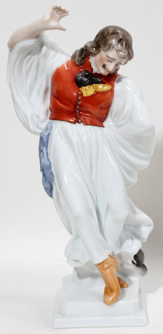 HEREND PORCELAIN MALE FOLK DANCER, H 11 1/2": HEREND PORCELAIN MALE FOLK DANCER, H 11 1/2":With his right hand raised. From the Estate of Mary Grace Pribanyec, Lincoln Park From the Estate of Mary Grace Pribanyec, Lincoln Park, Mi.