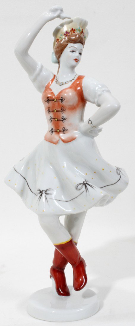 HOLLOHAZA PORCELAIN DANCING GIRL, H 11", FOLK : HOLLOHAZA PORCELAIN DANCING GIRL, H 11", FOLK COSTUME:From the Estate of Mary Grace Pribanyec, Lincoln pa From the Estate of Mary Grace Pribanyec, Lincoln Park, Mi.
