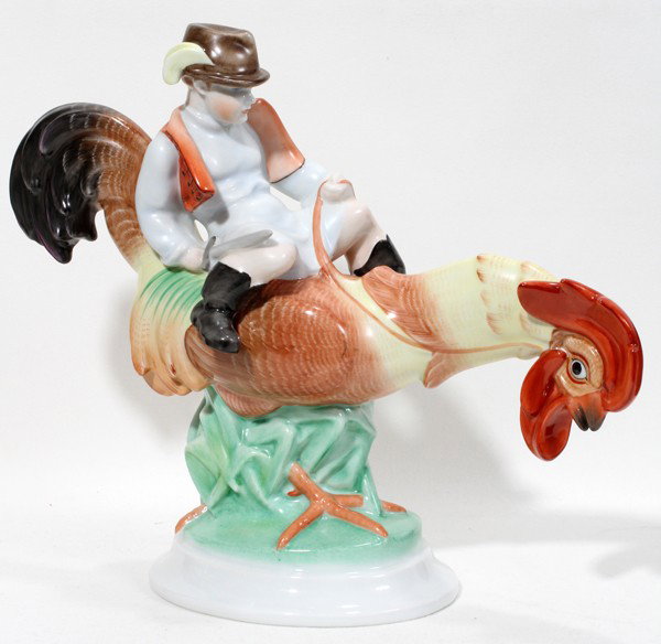 HEREND PORCELAIN MAN RIDING GIANT CHICKEN,: HEREND PORCELAIN MAN RIDING GIANT CHICKEN, H 11":From the Estate of Mary Grace Pribanyec, Lincoln p From the Estate of Mary Grace Pribanyec, Lincoln Park, Mi.