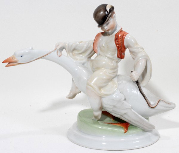 HEREND PORCELAIN BOY RIDING GOOSE, H 8": HEREND PORCELAIN BOY RIDING GOOSE, H 8":From the Estate of Mary Grace Pribanyec, Lincoln From the Estate of Mary Grace Pribanyec, Lincoln Park, Mi.