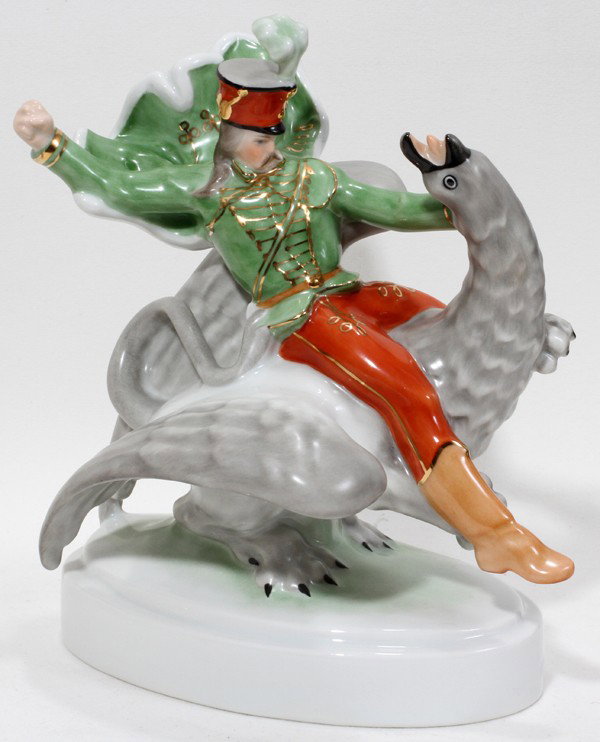 HEREND PORCELAIN SOLDIER RIDING BIRD, H 8": HEREND PORCELAIN SOLDIER RIDING BIRD, H 8":From the Estate of Mary Grace Pribanyec, Lincoln Park. From the Estate of Mary Grace Pribanyec, Lincoln Park, Mi.