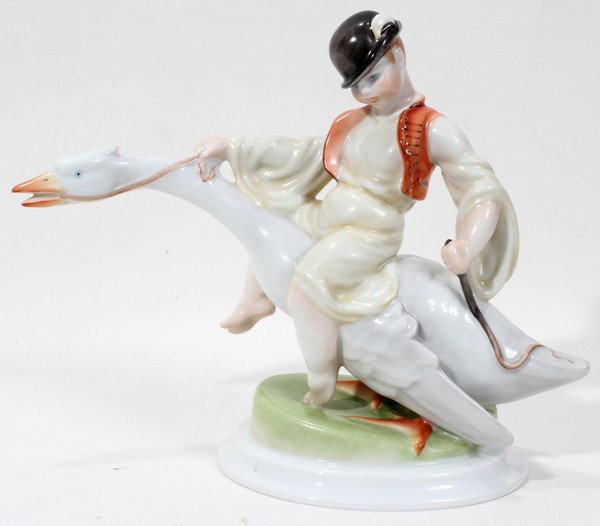 HEREND PORCELAIN BOY RIDING GOOSE, H 8": HEREND PORCELAIN BOY RIDING GOOSE, H 8":From the Estate of Mary Grace Pribanyec, Lincoln Park. From the Estate of Mary Grace Pribanyec, Lincoln Park, Mi.