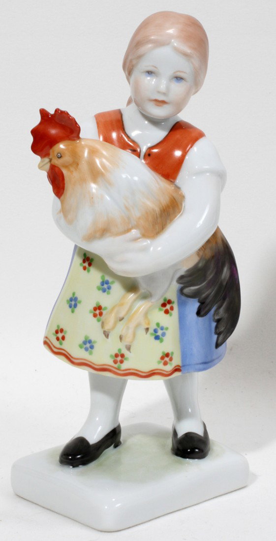 HEREND PORCELAIN GIRL WITH ROOSTER, H 7 1/2": HEREND PORCELAIN GIRL WITH ROOSTER, H 7 1/2":From the Estate of Mary Grace Pribanyec, Lincoln Park. From the Estate of Mary Grace Pribanyec, Lincoln Park, Mi.