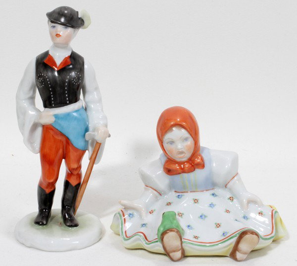 HEREND PORCELAIN BOY WITH AX & GIRL WITH FROG: HEREND PORCELAIN BOY WITH AX & GIRL WITH FROG, H 6" AND 3 3/4":From the Estate of Mary Grace Pribanyec, Lincoln Park From the Estate of Mary Grace Pribanyec, Lincoln Park, Mi.