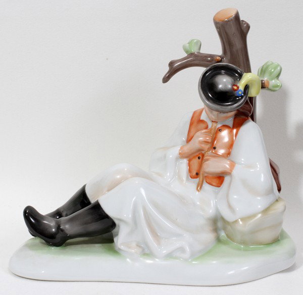 ZSOLNAY PORCELAIN SHEPHERD WITH FLUTE, H 7 1/2": ZSOLNAY PORCELAIN SHEPHERD WITH FLUTE, H 7 1/2":From the Estate of Mary Grace Pribanyec, Lincoln Park. From the Estate of Mary Grace Pribanyec, Lincoln Park, Mi.