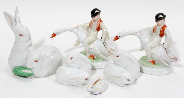 HEREND PORCELAIN MINIATURES, SIX PIECES, H 3": HEREND PORCELAIN MINIATURES, SIX PIECES, H 3":Boy on goose, 3"; boy on goose, 3", rabbit, 3 1/4"; rabbit, 1 1/2" and another rabbit, 1 1/2". Miniature rabbit. From the Estate of Mary Grace Pribanyec, 