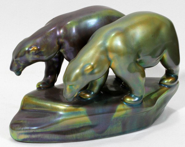 ZSOLNAY IRIDESCENT POLAR BEARS, H 5": ZSOLNAY IRIDESCENT POLAR BEARS, H 5":From the Estate of Mary Grace Pribanyec, Lincoln park From the Estate of Mary Grace Pribanyec, Lincoln Park, Mi.