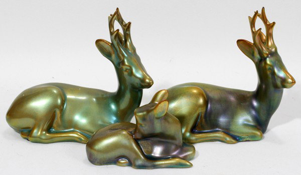 ZSOLNAY IRIDESCENT PORCELAIN DEER, THREE, : ZSOLNAY IRIDESCENT PORCELAIN DEER, THREE, H 4 1/2", 4 1/2", 2 1/2":From the Estate of Mary Grace Pribanyec, Lincoln park From the Estate of Mary Grace Pribanyec, Lincoln Park, Mi.