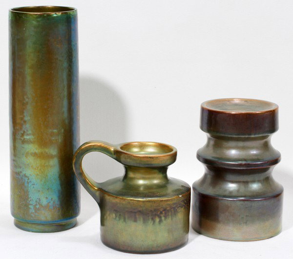 ZSOLNAY VASE, 9 1/2" & TWO CANDLE STANDS, : ZSOLNAY VASE, 9 1/2" & TWO CANDLE STANDS, H 5 1/2", 4":Hungarian porcelain with iridescent glaze. From the Estate of Mary Grace Pribanyec, Lincoln park From the Estate of Mary Grace Pribanyec, Lincoln