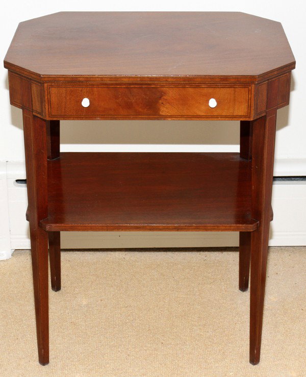 FINE ARTS MAHOGANY END TABLES, PAIR, H 27", : FINE ARTS (GRAND RAPIDS) HEPPLEWHITE STYLE MAHOGANY END TABLES, PAIR, H 27", W 21 3/4", D 16":Each with a single drawer and a lower shelf.