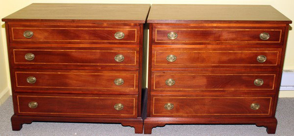 WILLIAMS-KIMP FURNITURE CO.,4 DRAWER DRESSERS: WILLIAMS-KIMP FURNITURE CO., GRAND RAPIDS HEPPLEWHITE STYLE 4 DRAWER DRESSERS, PAIR, H 32", W 36":D 18"; satinwood banding; bracket feet; oval brass pulls.