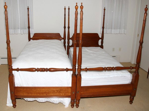 FEDERAL STYLE MAHOGANY FOUR POSTER TWIN BEDS,: FEDERAL STYLE MAHOGANY FOUR POSTER TWIN BEDS, TWO, H 68", W 42 1/2", L 80":Each includes a headboard, a footboard and side rails. Can be converted to support a canopy.
