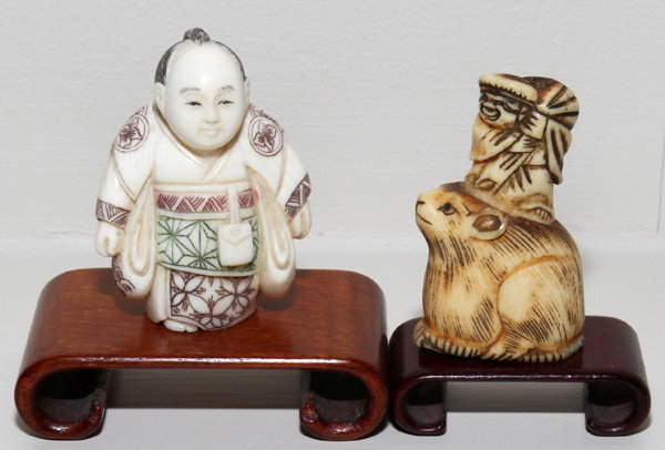 CHINESE CARVED IVORY NETSUKES, 20TH C., 2, H 2": CHINESE CARVED IVORY NETSUKES, 20TH C., 2, H 2":Rotund male & small figure riding atop a rat.