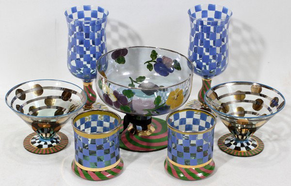 MACKENZIE CHILDS GLASS GROUPING, 7 PCS: MACKENZIE CHILDS GLASS GROUPING, 7 PCS:Including two wines, two highballs, two cosmo glasses and one centerpiece.