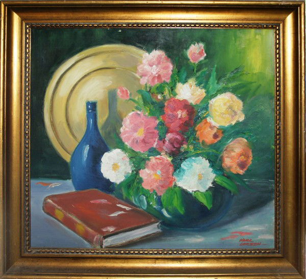 KARL LARSEN, OIL ON MASONITE, 22" X 24",: KARL LARSEN, OIL ON MASONITE, 22" X 24", FLORAL STILL LIFE WITH BOOK AND CARAFE:
