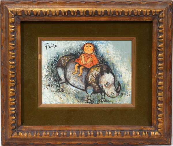 FELIX, CONTEMPORARY OIL ON BOARD, 4 1/2" X 7": FELIX, CONTEMPORARY OIL ON BOARD, 4 1/2" X 7":Child on rhino. Signed upper left. Framed.