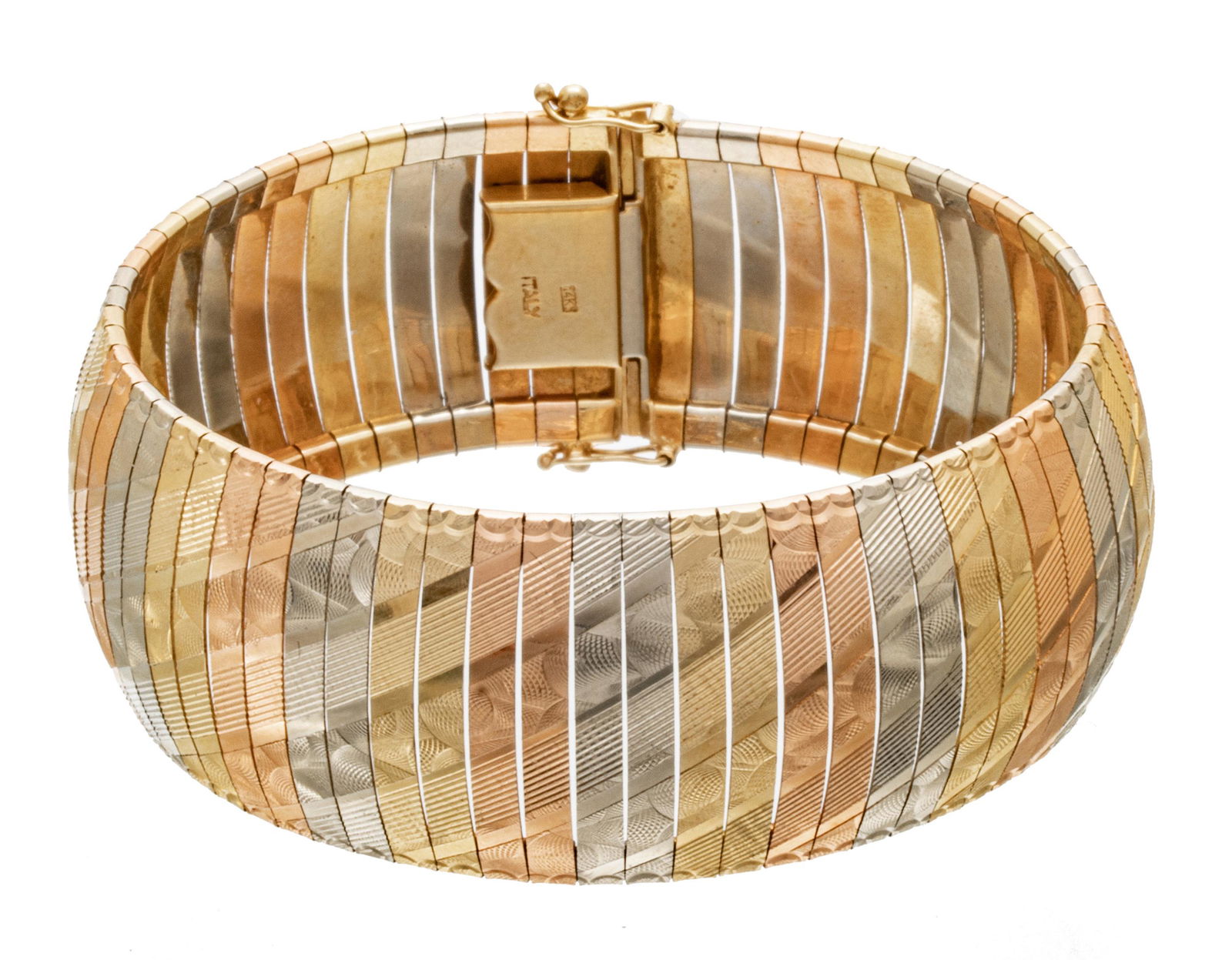 14K Three Color Gold Bracelet, Italy C. 1960, W .78'' L 7.1'' (1 of 5)