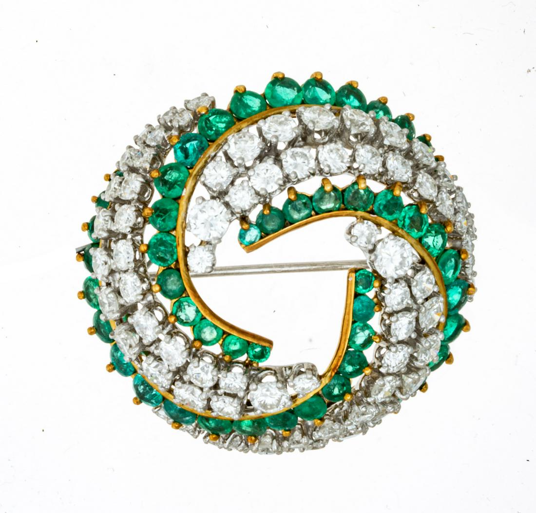 Emerald And Diamond Brooch, 18 K White, Yellow Gold Dia. 1.75'' (1 of 2)