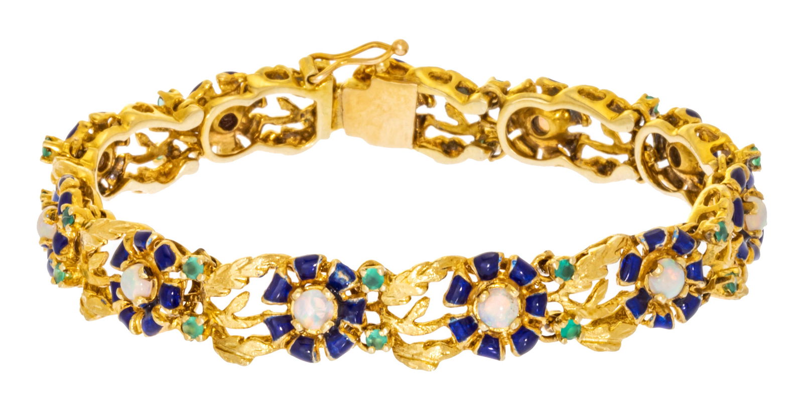 14K Gold Link Bracelet, Opals, Emeralds L 7'' (1 of 4)