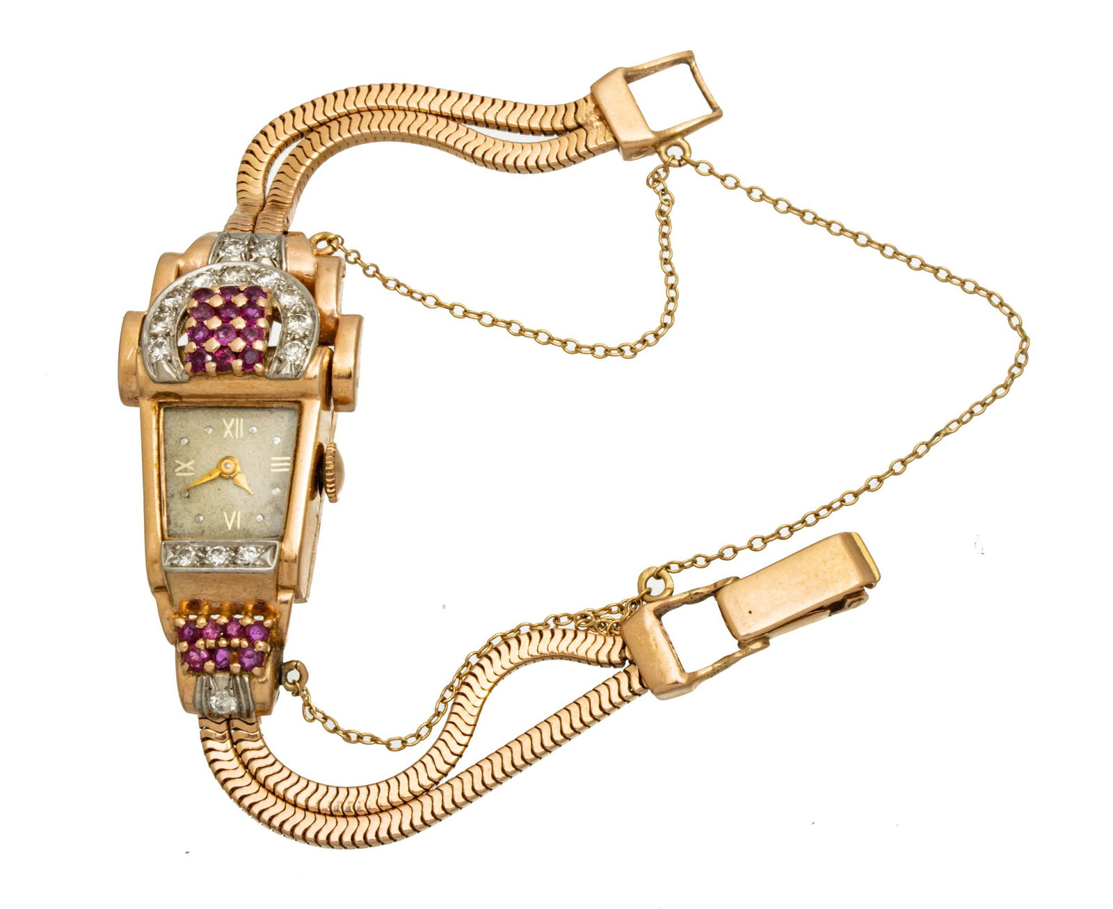 Art Deco 14k Rose Gold, Rubies And Diamonds Wrist Watch C. 1940, L 5.5'' 27g (1 of 4)
