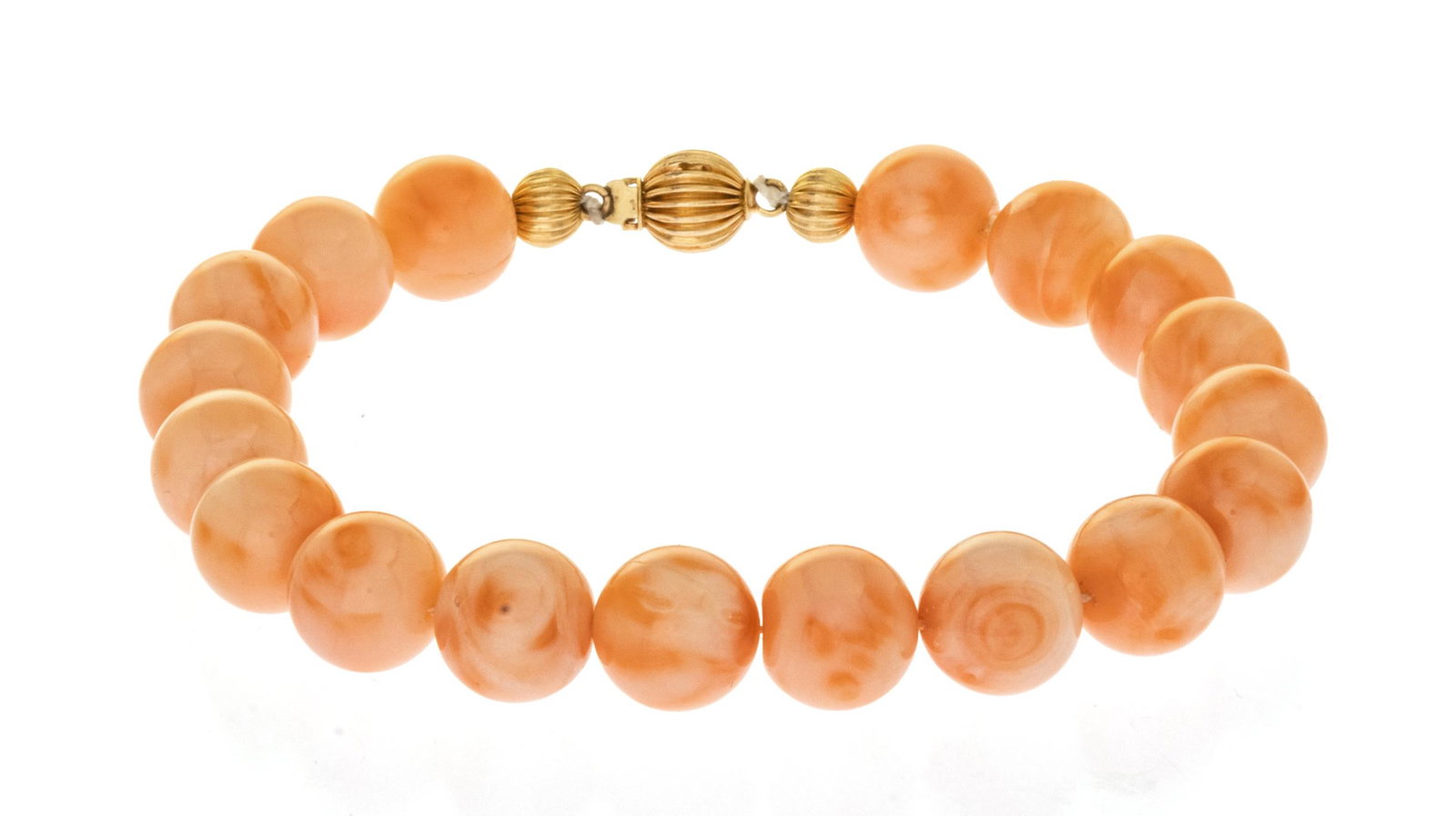 Angel Skin Coral Bracelet C. 1950, L 7.5'': Angel Skin Coral Bracelet C. 1950, L 7.5'' 7 1/2 - 8mm beads. Clasp impressed 14K yellow gold.