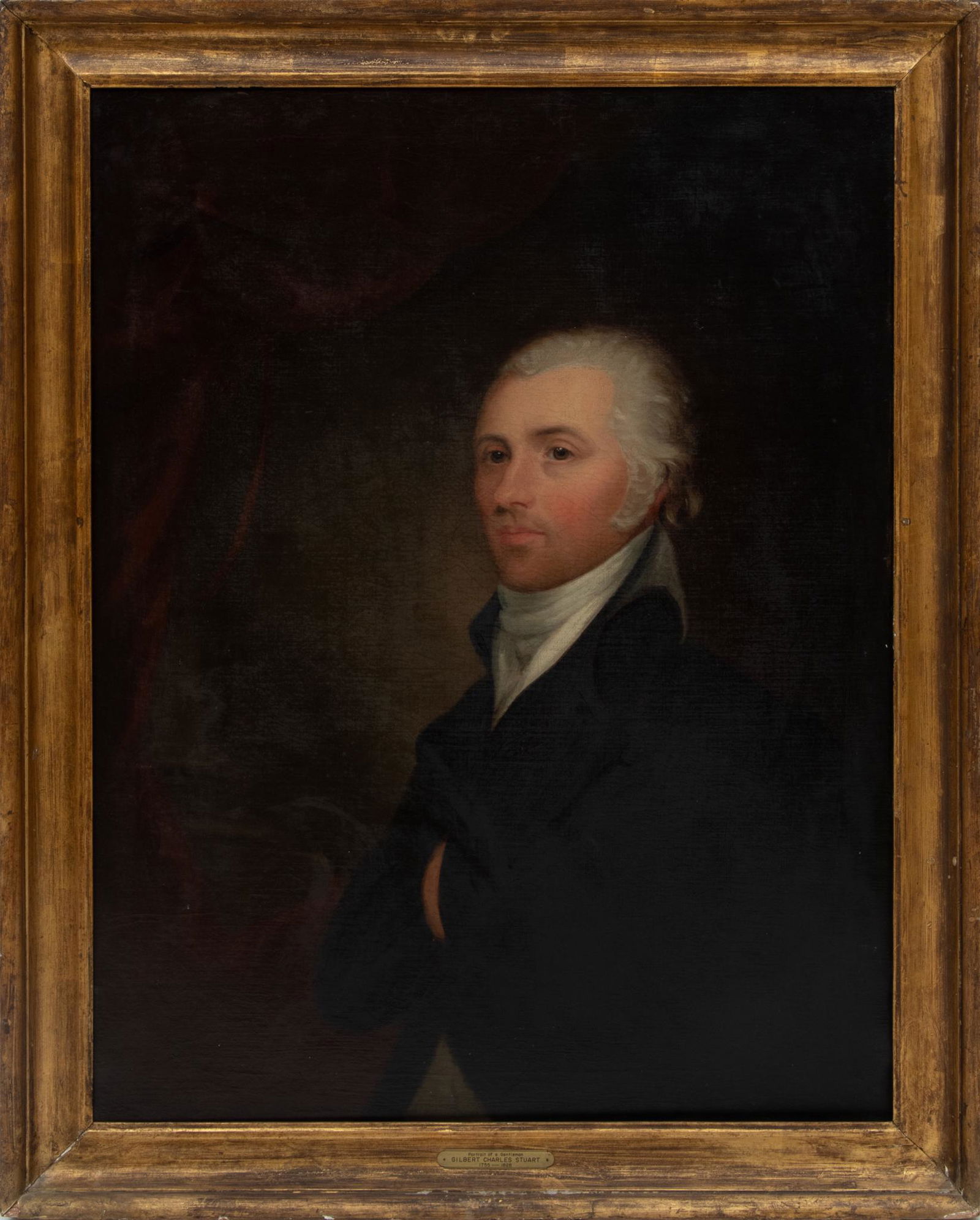 Attributed To Gilbert Stuart, Portrait Of Gentleman, H 41", W 33": Attributed To Gilbert Stuart, Portrait Of Gentleman, H 40", W 27" Brass Label Reads "Portrait Of A Gentleman, Gilbert Charles Stuart". Man In Black Waist Coat And Powdered Wig. Unsigned. From The Esta