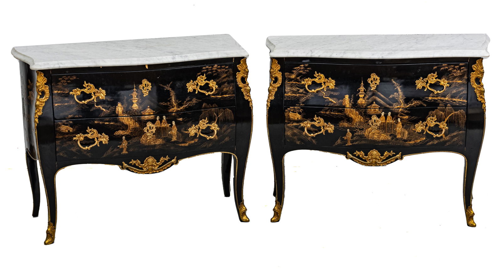 Chinoiserie Black Lacquered Marble Top Bombe Commodes, H 32'' W 42'' Depth 19.5'' 1 Pair (1 of 6)