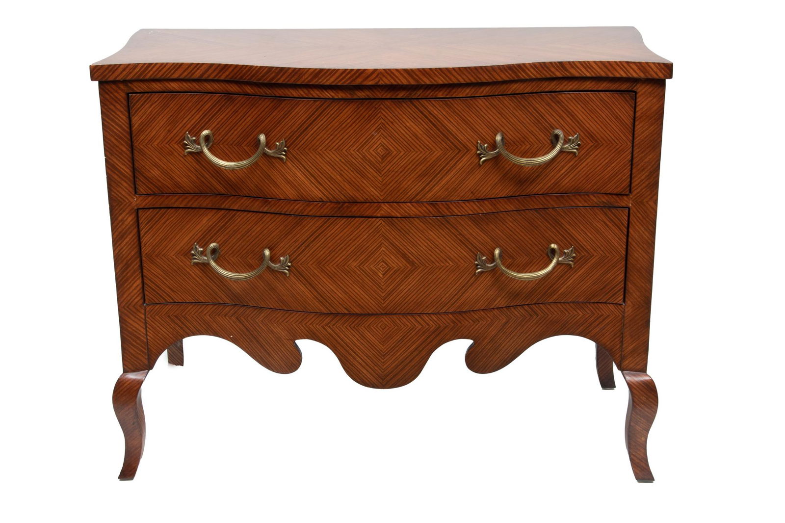 Thomasville (American) Tiger Stripe Veneer Bombe Commode, H 34.75'' W 43'' Depth 20'': Thomasville (American) Tiger Stripe Veneer Bombe Commode, H 34.75'' W 43'' Depth 20'' A Thomasville 'Ernest Hemingway Collection' bombe commode. Offers a scalloped top and two drawers with brass handl