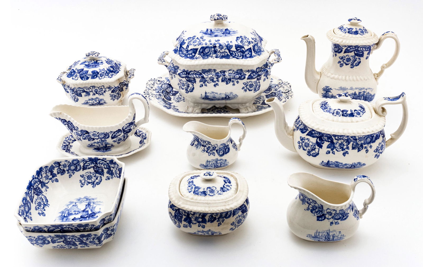 Copeland, Blue & White "Old Salem" Tureen, Serving Pieces 10 Pcs (1 of 3)