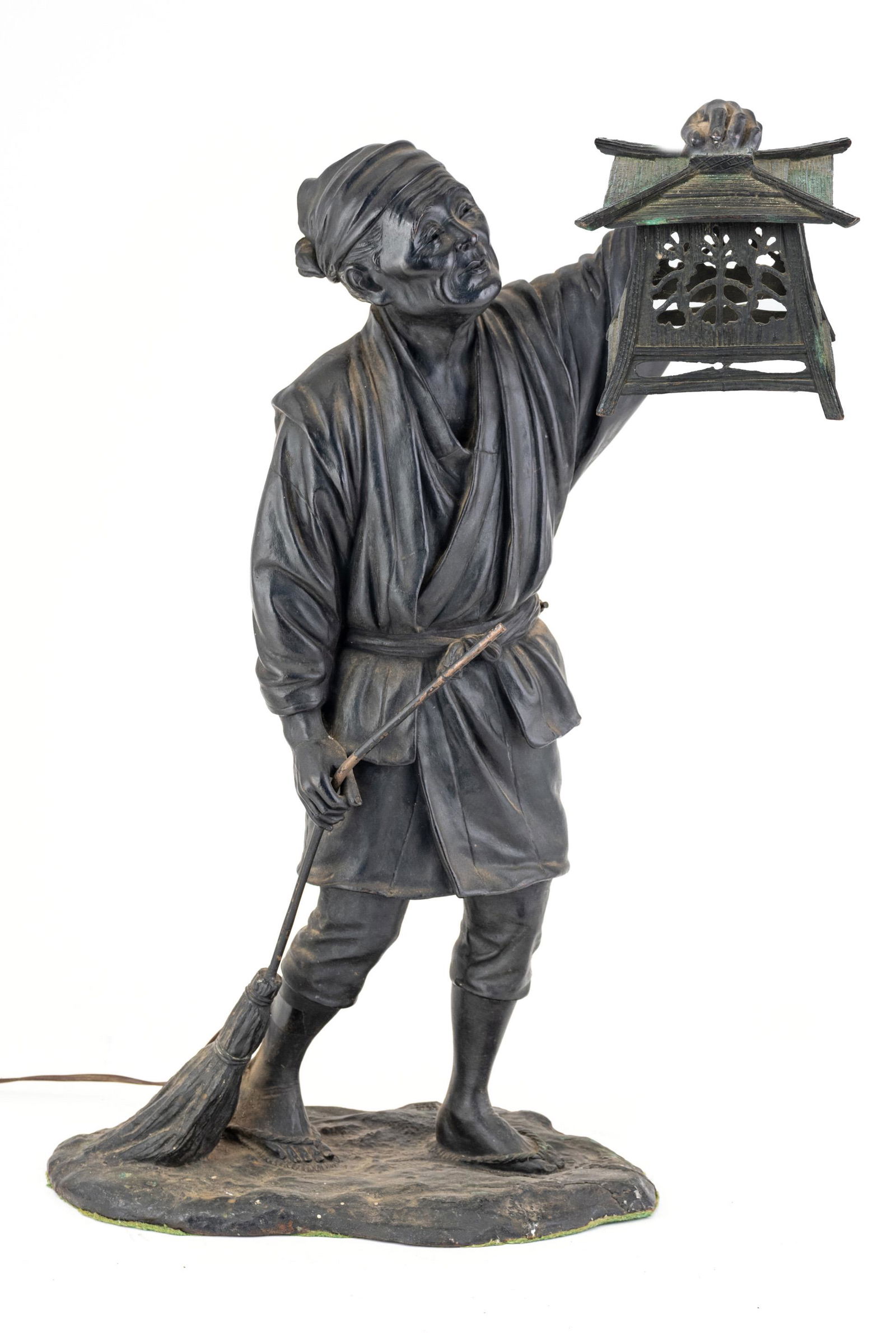 Japanese Bronze Figural Lamp, C. 1900, Temple Attendant & Lantern, H 22'' W 15'' Depth 8'' (1 of 10)