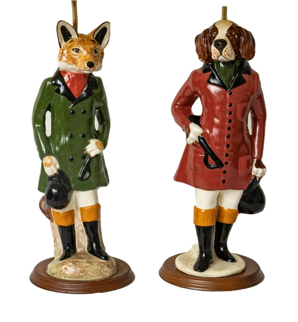 Fox & Dog As Hunters Pottery Lamps, Pair H 32 (1 of 6)