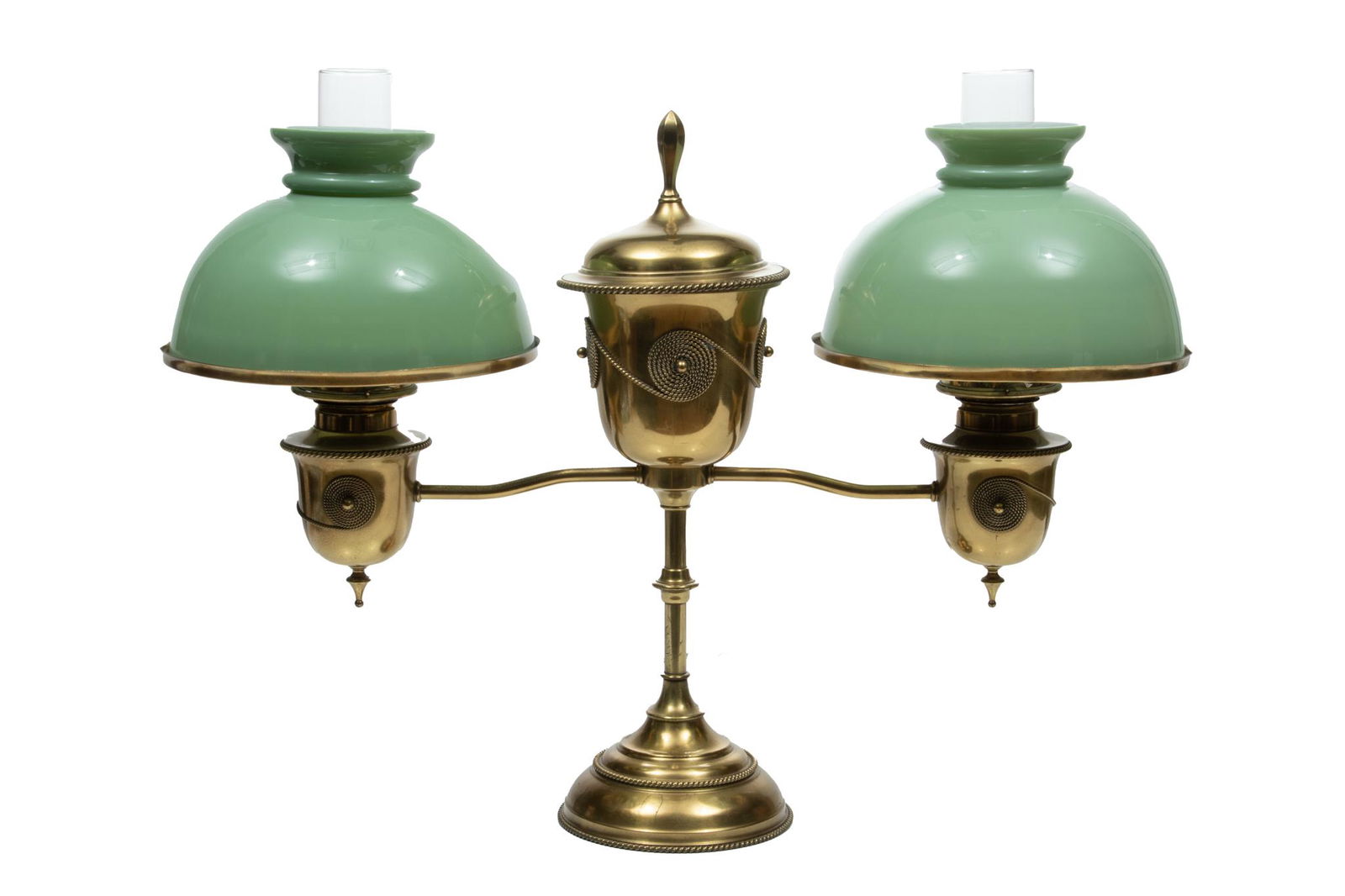 Brass Student Two Light Oil Lamp Green Glass Shades, C. 19th.c., H 20