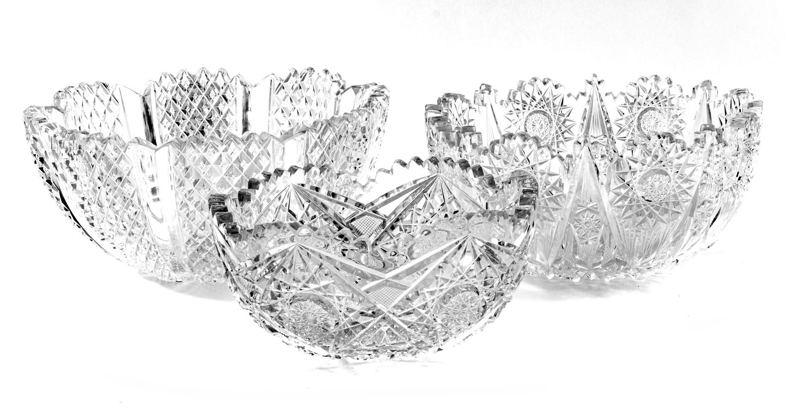 American Brilliant Period Cut Crystal Bowls, C. 1900, H 4.5'' Dia. 10'' 3 pcs (1 of 8)