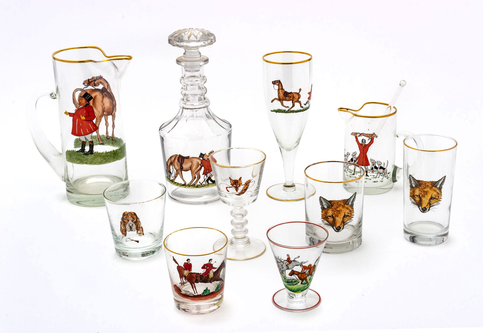 Dog, Fox & Hunting Theme Enamel Decorated Glassware, 76 Pcs (1 of 6)