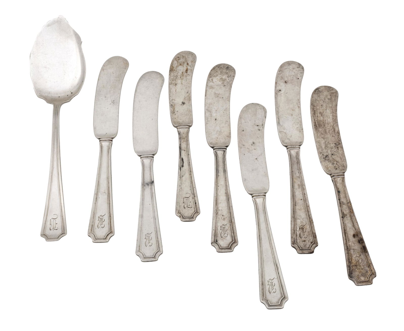 Gorham (American, 1831) 'Fairfax' Sterling Silver Butter Spreaders, 1910, L 5.5'' 6.74t oz 8 pcs (1 of 2)