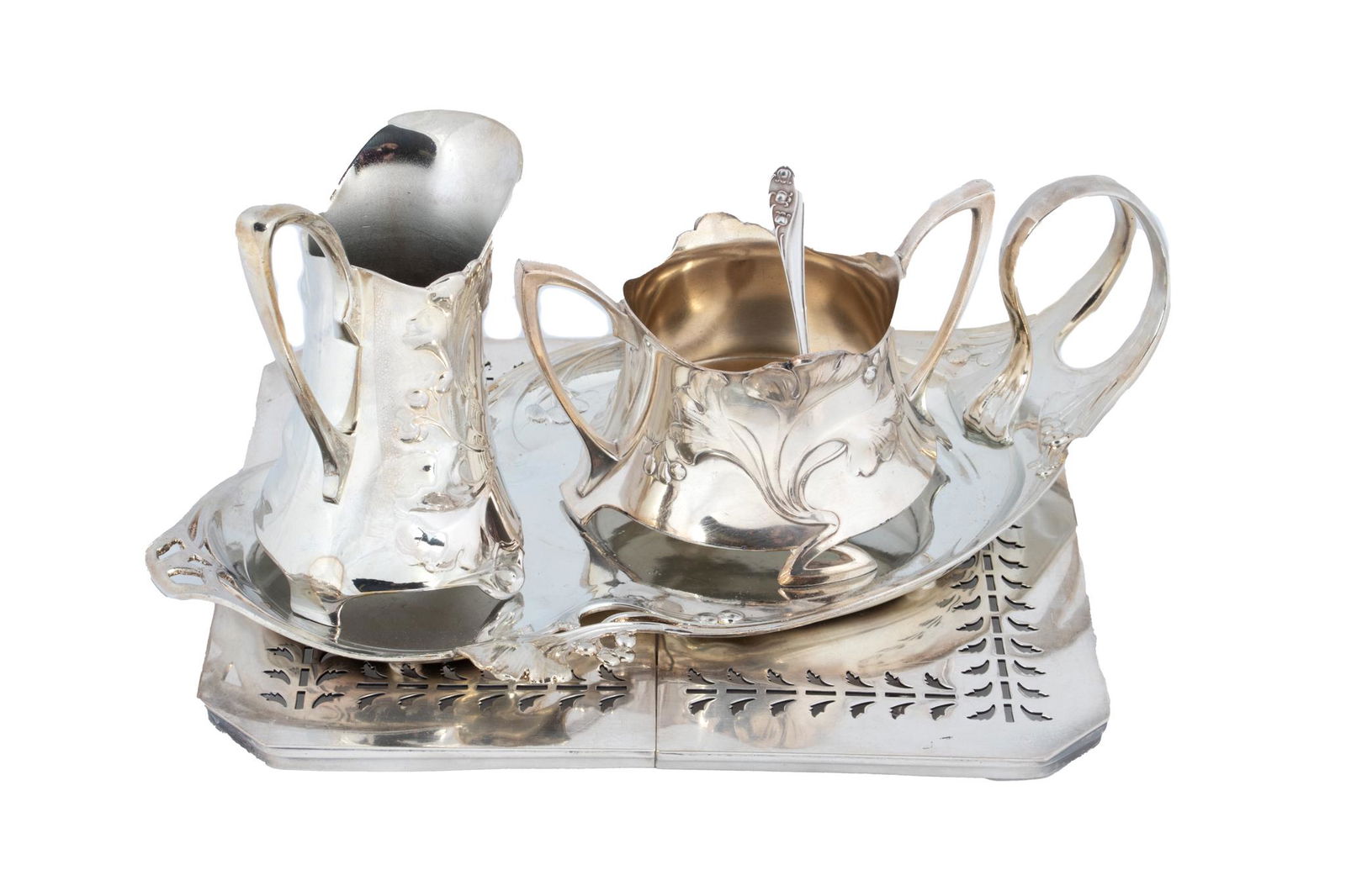WMF  Silver Plate Sugar, Creamer, Tray + Sheffield Silver Plate Trivet, W 8.25'' L 9'' 4 pcs (1 of 13)