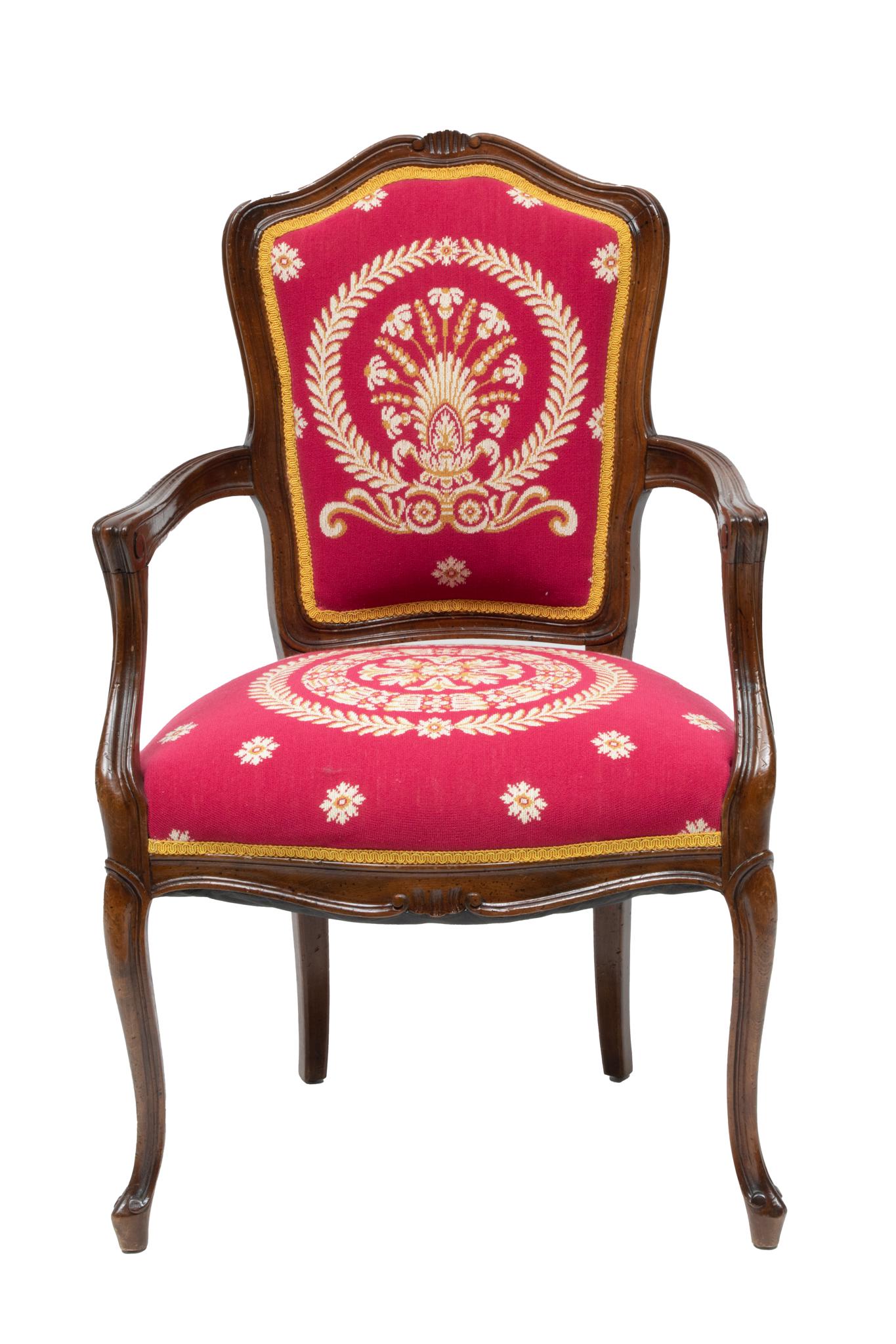 French Louis XV Style Needlepoint Upholstered Armchair, H 38.5'' W 24'' Depth 20'' (1 of 4)