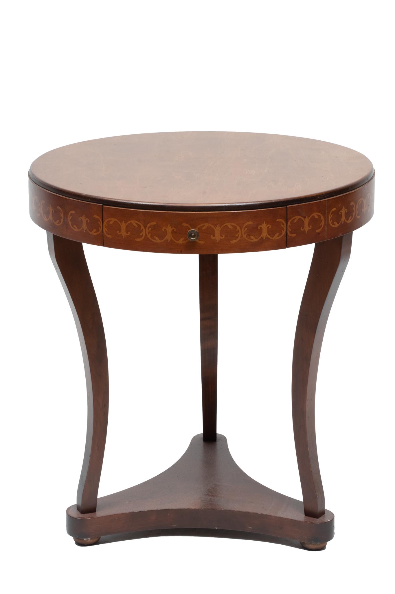 Mahogany & Fruitwood Parquetry Drum Table, H 26'' Dia. 24'': Mahogany & Fruitwood Parquetry Drum Table, H 26'' Dia. 24'' A mahogany drum table. With repetitious scrolling fruitwood parquetry to the side edge. Terminating on three cabriole legs on a circular str