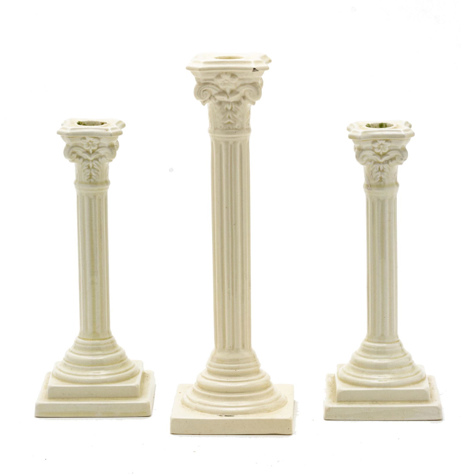 Creamware Corinthian Column Candlesticks, H 12'' W 4'' Depth 4'' 3 pcs (1 of 4)