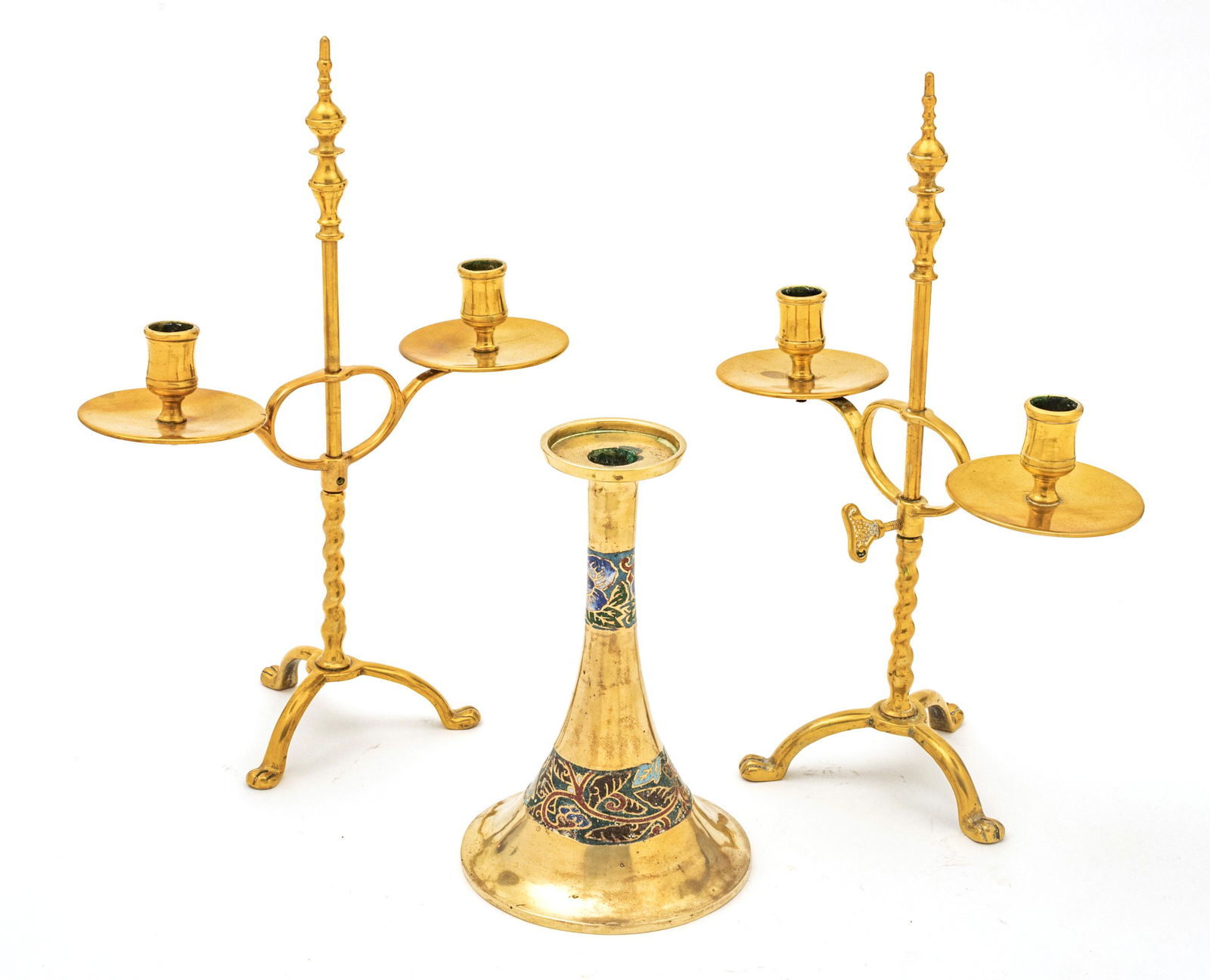 Brass Two Light Brass Candlesticks, Pair + BrassCandlestick C. 19th.c., H 14'' 3 pcs (1 of 3)