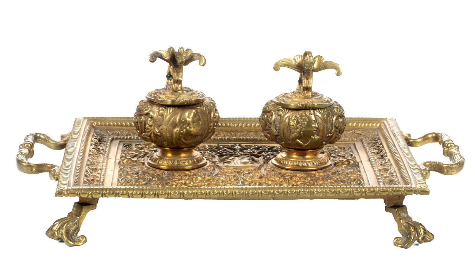 Brass Inkstand, Gargoyle Tray C. 1900, H 5'' W 8'' L 13'' (1 of 6)
