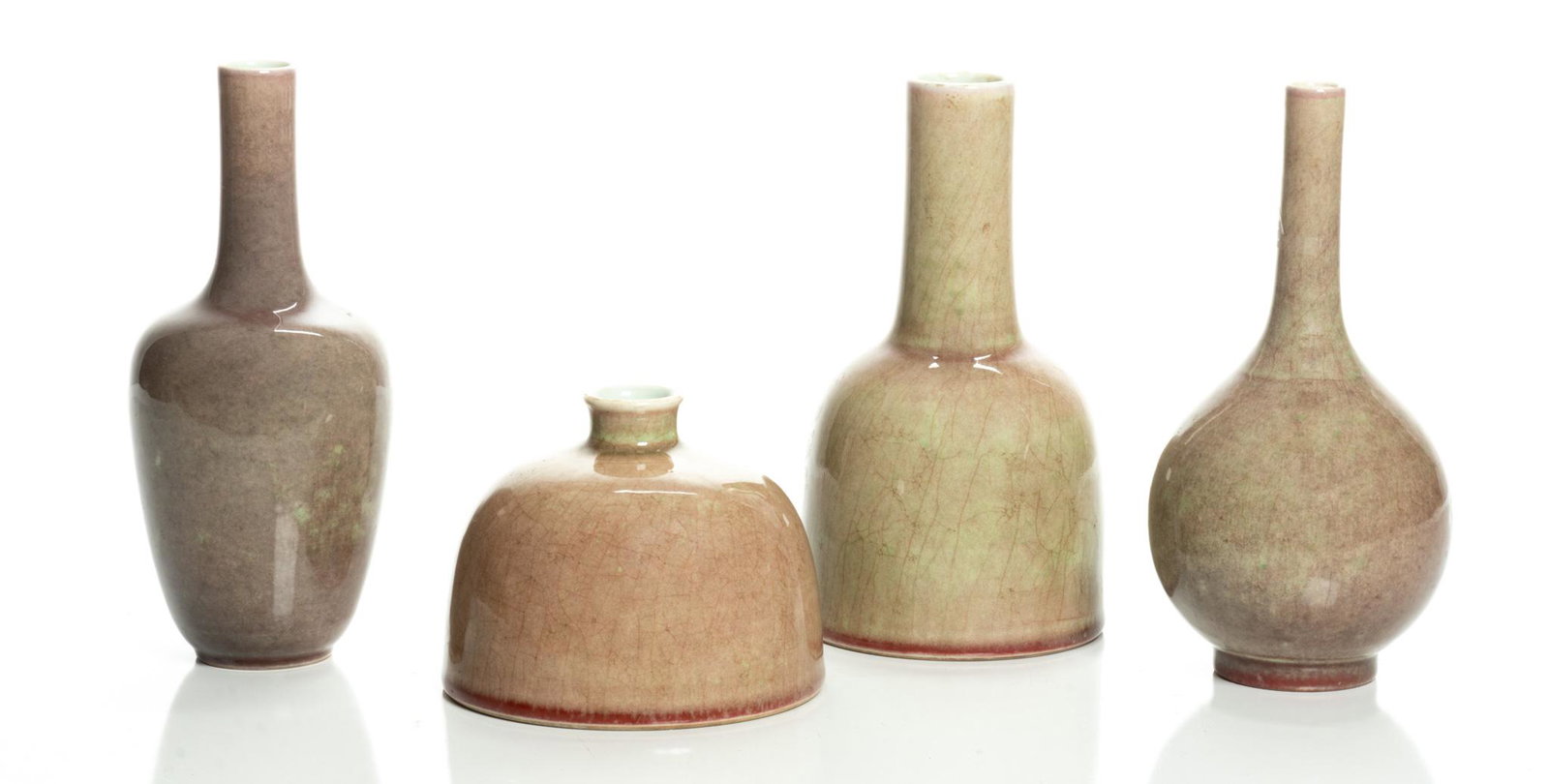 Chinese Peach Bloom Glaze Vessels, H 7.5'' Dia. 3.5'' 4 pcs: Chinese Peach Bloom Glaze Vessels, H 7.5'' Dia. 3.5'' 4 pcs 1: H 7" x DIA 4", 2: H 7.5" x DIA 3.5, 3: H 7.25" x DIA 4", 4: H 4" x DIA 5".