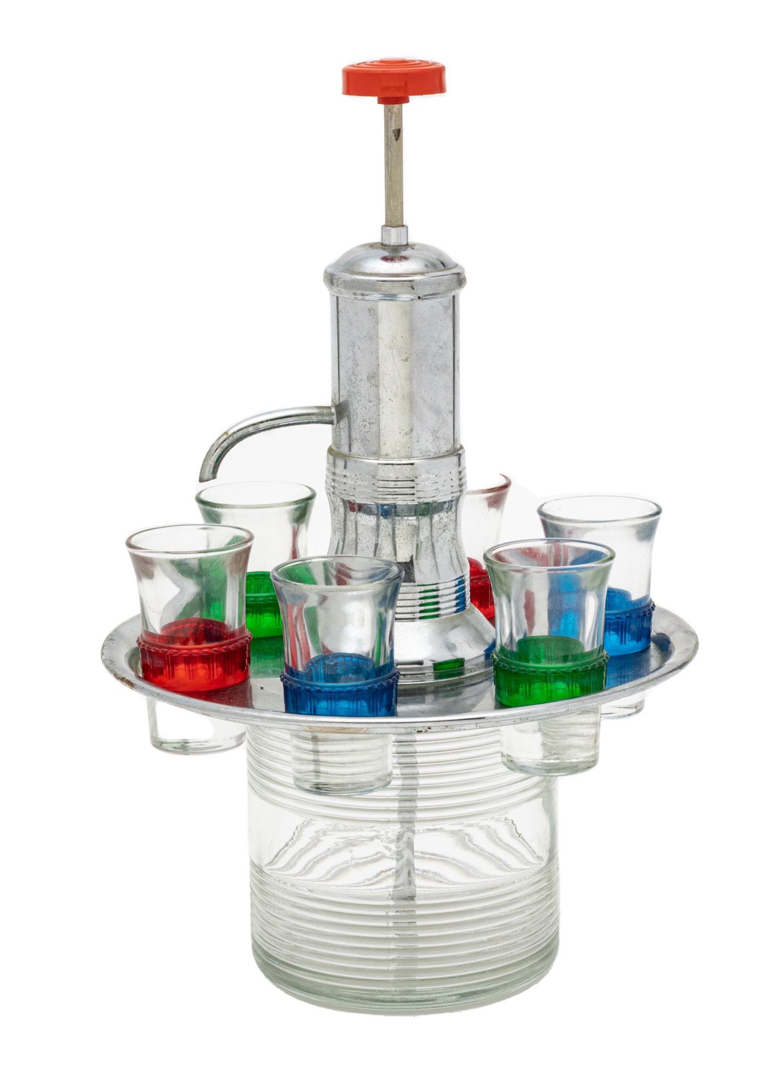 Art Deco Metal And Glass Decanter And Shot Glass Set H 12.5'' Dia. 8'' 7 pcs (1 of 3)